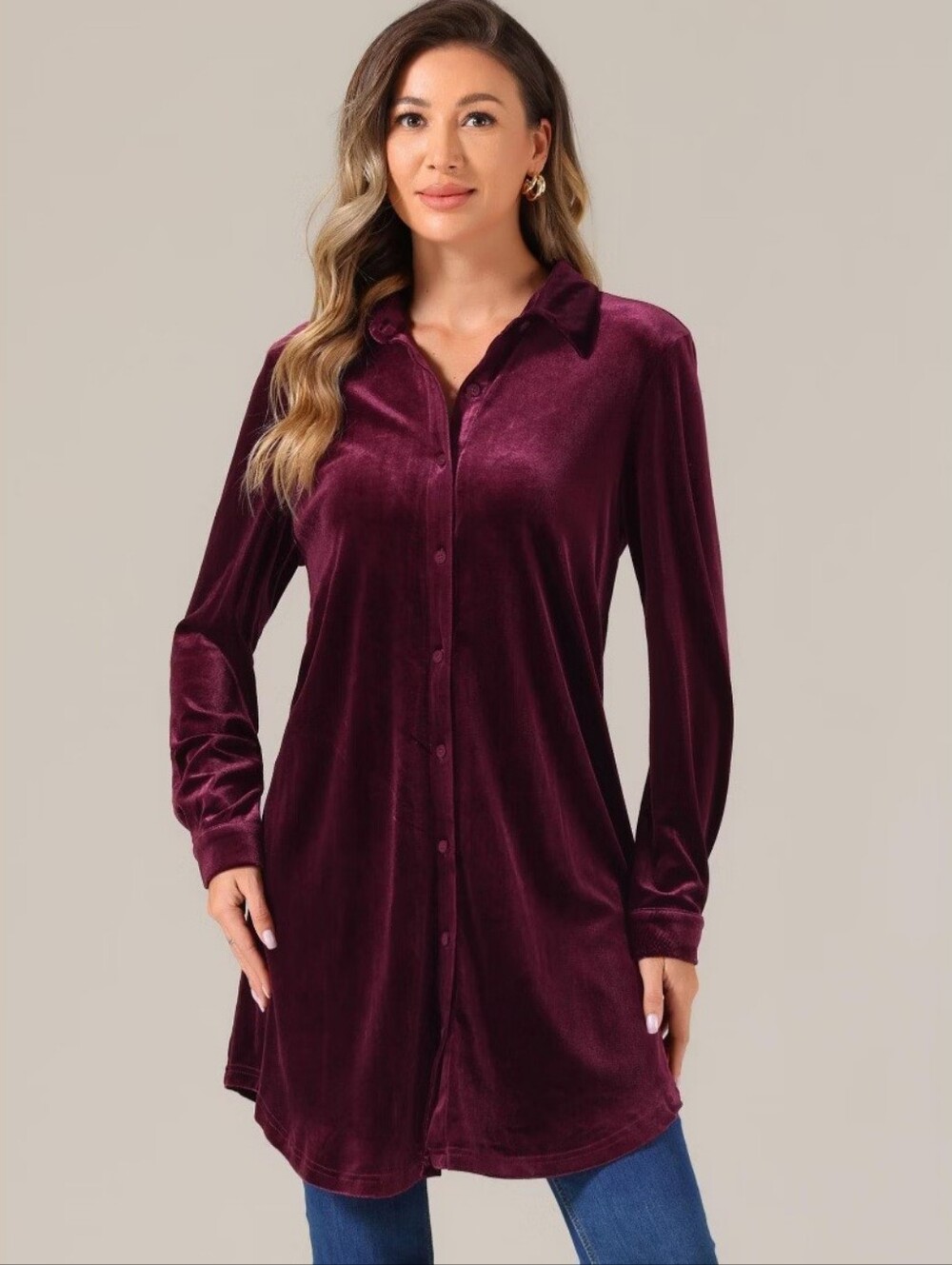 Universal Thread Velvet Button-Front Tunic Dress - Plum